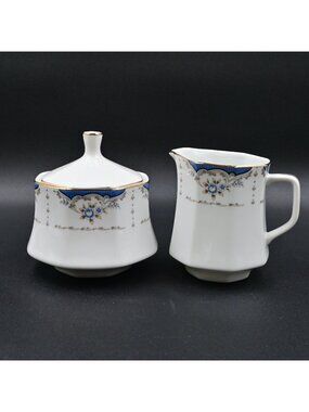 Seizan Mood Indigo 7936 Fine China Lidded Sugar Bowl and Creamer Set Vintage
